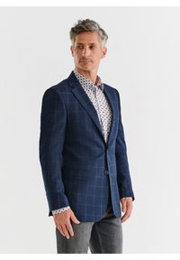 Pako Lorente - PAKO LORENTE – Granatowa marynarka garniturowa w kratę. Kolor: niebieski. Materiał: wiskoza, poliester, elastan. Wzór: kratka. Styl: klasyczny