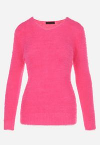 Born2be - Fuksjowy Sweter Wełniany Panaris. Typ kołnierza: dekolt w serek. Kolekcja: plus size. Kolor: różowy. Materiał: wełna. Styl: klasyczny