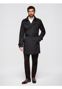 Ombre Clothing - Dwurzędowy elegancki płaszcz męski trencz SLIM FIT z paskiem - czarny V2 - Rozmiar: L. Kolor: czarny. Materiał: poliester, tkanina, materiał, satyna. Wzór: gładki. Styl: elegancki #1
