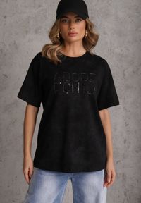 Renee - Czarny Bawełniany T-shirt Oversize z Haftowanym Napisem z Cekinami Talomora. Okazja: na imprezę, na co dzień. Kolor: czarny. Materiał: bawełna. Wzór: haft, napisy. Styl: rockowy, casual #3