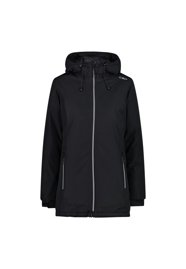 Kurtka uniwersalna damska CMP 32Z1396U901. Typ kołnierza: kaptur. Kolor: czarny. Materiał: syntetyk. Długość: długie. Sport: turystyka piesza