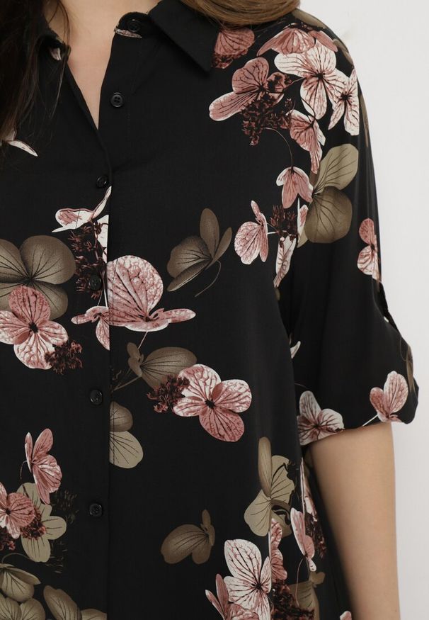 Born2be - Czarno-Beżowa Koszula z Bawełny i Wiskozy z Rękawami 3/4 w Kwiaty Milkera. Kolor: czarny. Materiał: bawełna, wiskoza. Wzór: kwiaty