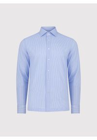 Pako Lorente - PAKO LORENTE - Niebieska koszula w prążek. Typ kołnierza: kołnierzyk włoski. Kolor: niebieski. Materiał: dzianina, poliester, bawełna. Długość rękawa: długi rękaw. Długość: długie. Wzór: prążki #6