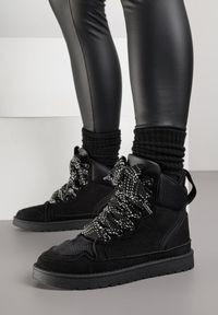Born2be - Czarne Sneakersy z Ozdobnymi Sznurówkami Eveslia. Okazja: na co dzień. Zapięcie: sznurówki. Kolor: czarny. Materiał: jeans