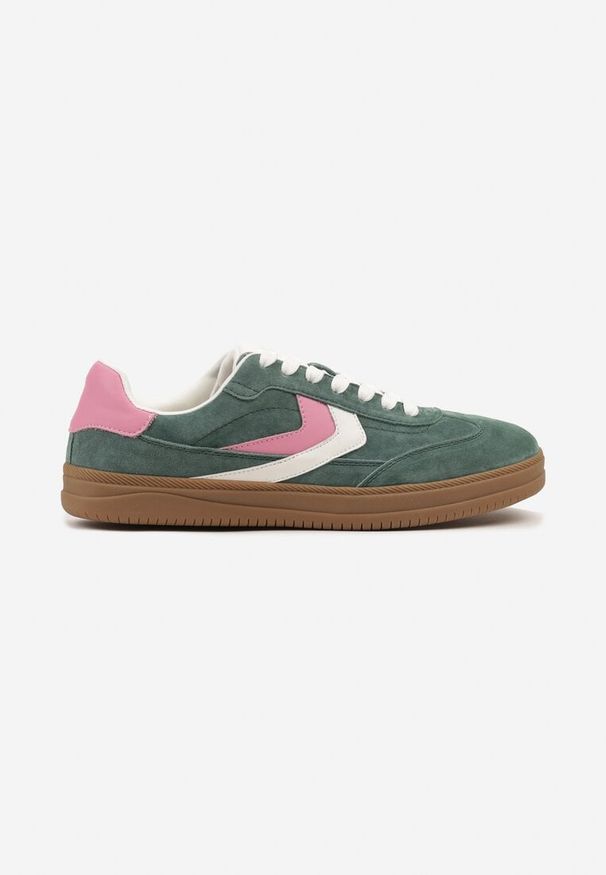 Born2be - Zielone Skórzane Sneakersy Tenisówki z Geometrycznym Wzorem Mirathe. Okazja: do pracy, na co dzień. Zapięcie: sznurówki. Kolor: zielony. Materiał: skóra. Wzór: geometria