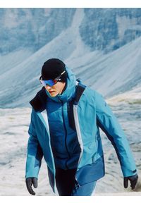 4f - 4F Kurtka trekkingowa przeciwdeszczowa membrana 20000+ męska - niebieska L. Kolor: niebieski. Materiał: materiał. Długość rękawa: raglanowy rękaw. Technologia: Primaloft. Długość: długie. Sport: turystyka piesza, wspinaczka #1