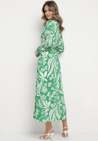 Born2be - Zielona Koszulowa Sukienka z Roślinnym Wzorem z Wiązanym Paskiem Rosallen. Kolor: zielony. Wzór: aplikacja. Typ sukienki: koszulowe. Długość: maxi #7