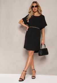 Renee - Czarna Trapezowa Sukienka Mini z Krótkim Rękawem Abragala. Kolor: czarny. Długość rękawa: krótki rękaw. Typ sukienki: trapezowe. Długość: mini #4