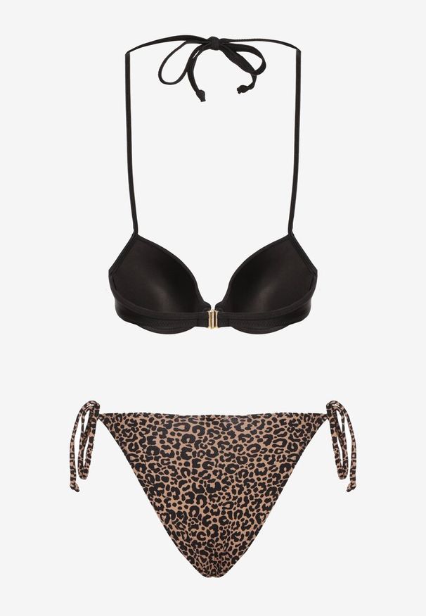 Renee - Czarno-Beżowe Wiązane Bikini Biustonosz Halter i Majtki Figi Savadine. Kolor: czarny. Wzór: aplikacja