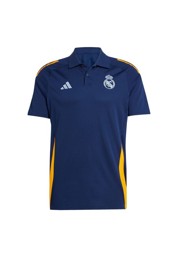 Adidas - Polo Real Madrid 2024/25. Typ kołnierza: polo. Kolor: niebieski, pomarańczowy, wielokolorowy. Sport: piłka nożna