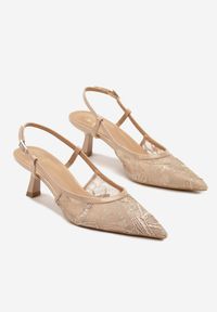 Born2be - Ciemnobeżowe Sandały Slingback z Eleganckiej Koronki na Obcasie Typu Kaczuszka Narlevi. Okazja: na co dzień. Nosek buta: szpiczasty. Zapięcie: pasek. Kolor: beżowy. Wzór: koronka. Materiał: koronka. Obcas: na obcasie. Styl: elegancki. Wysokość obcasa: średni #3