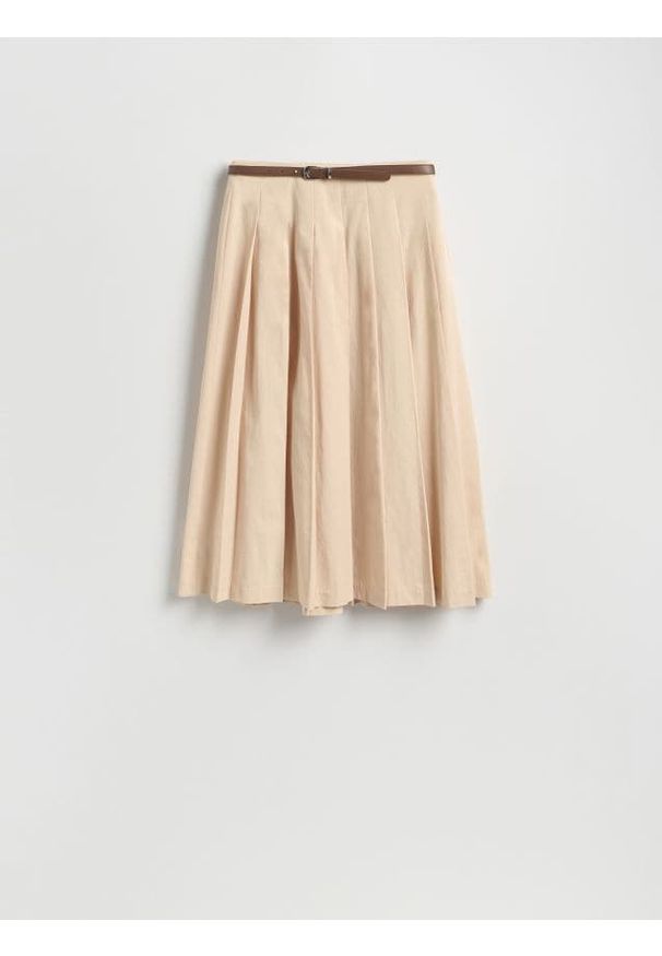 Reserved - Spódnica midi z paskiem - beżowy. Kolor: beżowy. Materiał: bawełna