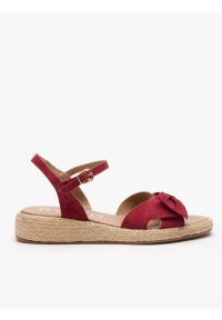 Ryłko - Bordowe sandały z kokardą. Nosek buta: okrągły. Zapięcie: pasek. Kolor: czerwony. Materiał: skóra, welur. Sezon: lato. Obcas: na obcasie. Styl: street, klasyczny, boho, elegancki #1