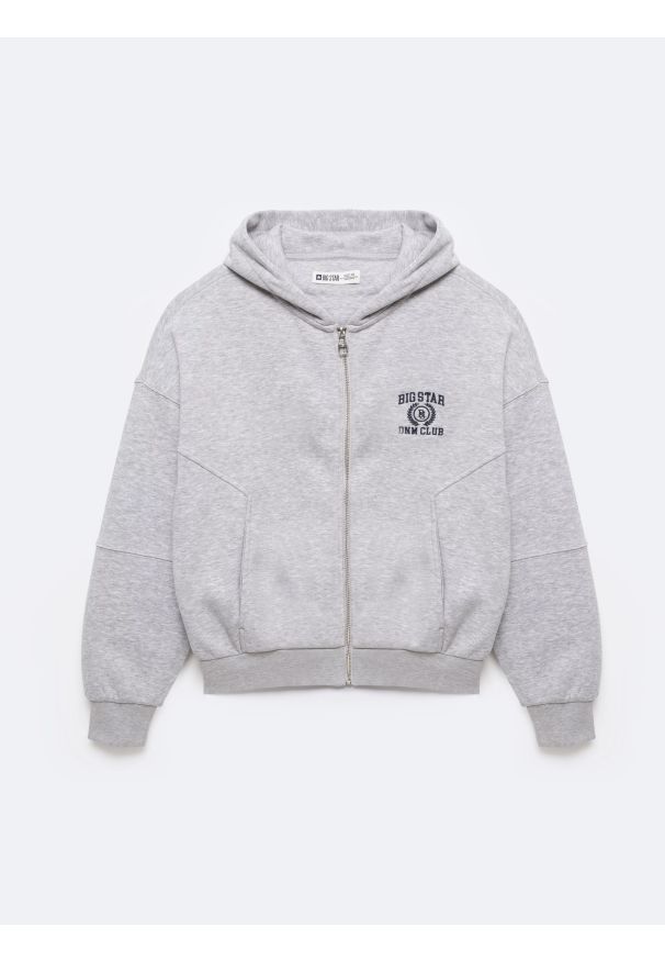 Big-Star - Bluza damska z kapturem rozpinana szara Madelina 901. Typ kołnierza: kaptur. Kolor: szary. Materiał: dresówka, dzianina. Wzór: aplikacja, haft. Styl: sportowy, elegancki