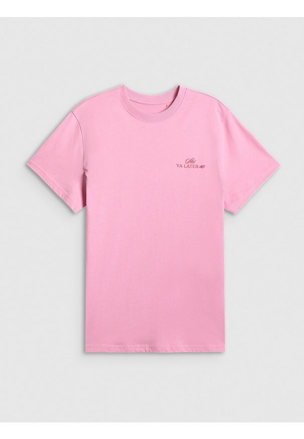 4f - 4F T-shirt loose z nadrukiem damski - różowy L. Okazja: do domu, na co dzień. Kolor: różowy. Materiał: materiał, dzianina, skóra, bawełna. Wzór: nadruk. Styl: casual