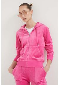 Juicy Couture bluza damska kolor różowy z kapturem gładka. Typ kołnierza: kaptur. Kolor: różowy. Materiał: welur. Wzór: gładki #1