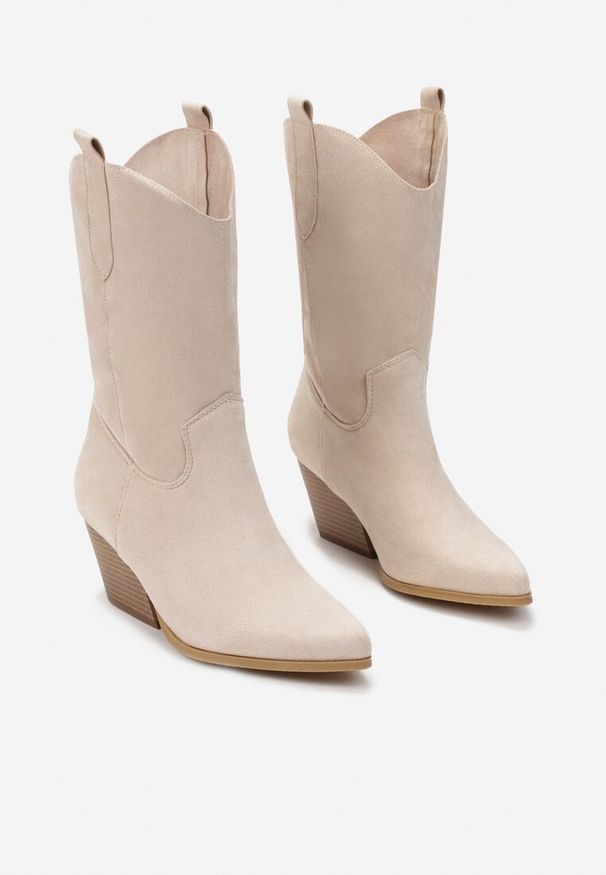 Renee - Beżowe Botki Achica. Nosek buta: szpiczasty. Kolor: beżowy. Materiał: materiał. Szerokość cholewki: normalna. Wzór: aplikacja, gładki, jednolity. Obcas: na obcasie. Wysokość obcasa: średni