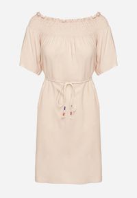 Born2be - Beżowa Sukienka z Wiskozą Bawełną Hiszpańskim Dekoltem i Sznurkiem Lilarenne. Okazja: na co dzień. Kolor: beżowy. Materiał: bawełna, wiskoza. Sezon: lato. Styl: casual, elegancki #7