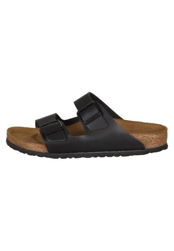 Klapki męskie Birkenstock Arizona Leder. Zapięcie: bez zapięcia. Kolor: czarny. Materiał: syntetyk, materiał. Szerokość cholewki: normalna. Sport: turystyka piesza