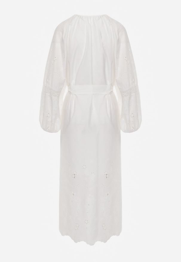 Renee - Biała Boho Sukienka z Bawełny z Haftem Wiązaniem i Ażurowymi Detalami Adrirena. Okazja: na co dzień. Kolor: biały. Materiał: bawełna. Długość rękawa: długi rękaw. Wzór: ażurowy, haft. Typ sukienki: proste. Styl: boho