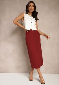 Renee - Bordowa Spódnica Ołówkowa z Wiskozą High Waist z Rozcięciem Semivinia. Okazja: na co dzień. Stan: podwyższony. Kolor: czerwony. Materiał: wiskoza. Styl: wizytowy, elegancki, casual #5