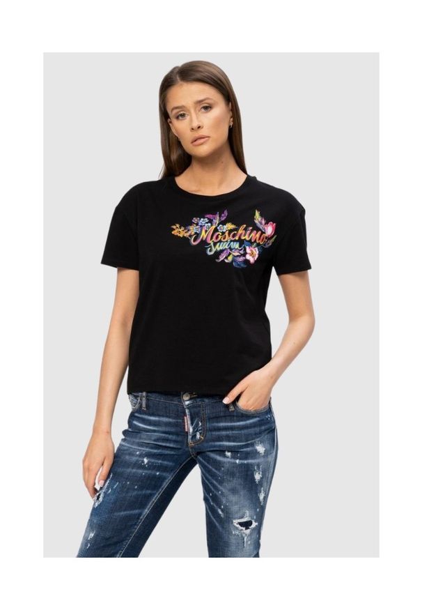 MOSCHINO Czarny t-shirt damski z logo i kwiatami, Rozmiar XS. Kolor: czarny. Materiał: prążkowany. Wzór: kwiaty