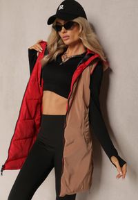 Renee - Czerwona Długa Kamizelka Pikowana Dwustronna ze Sznurkami przy Kapturze Frenila. Kolor: czerwony. Długość: długie. Styl: elegancki #3