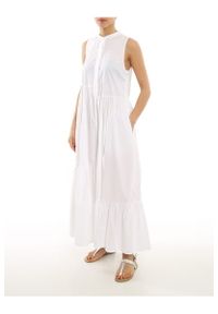 TwinSet - Długa popelinowa sukienka z falbanami Twinset. Typ kołnierza: kołnierzyk stójkowy. Kolor: biały. Materiał: bawełna. Typ sukienki: asymetryczne. Styl: klasyczny. Długość: maxi #1