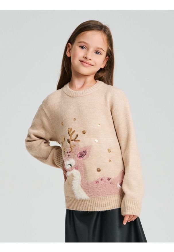 Sinsay - Sweter z motywem jesiennym - beżowy. Kolor: beżowy. Sezon: jesień
