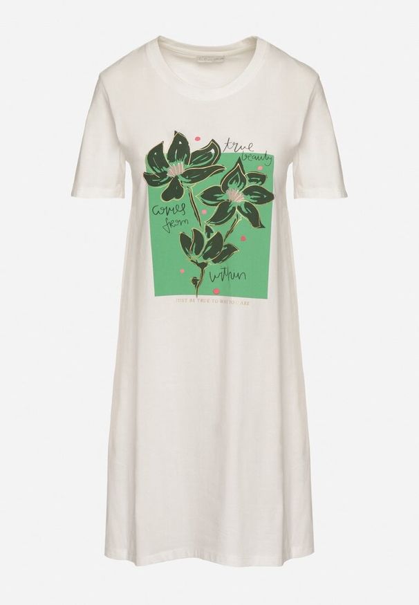 Born2be - Biała Bawełniana Sukienka o Kroju Typu T-shirt Zdobiona Nadrukiem Nevolira. Okazja: na co dzień. Kolor: biały. Materiał: bawełna. Wzór: nadruk, aplikacja. Styl: elegancki, casual, klasyczny