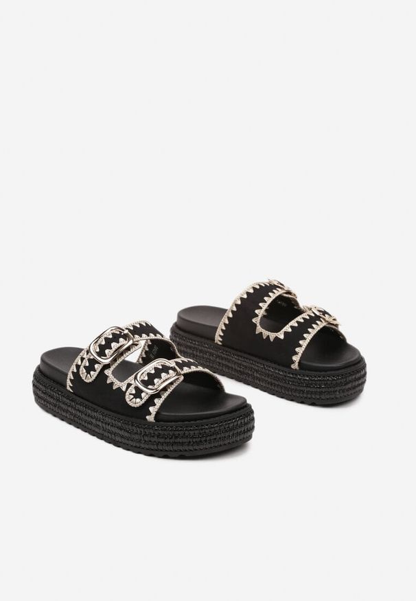 Renee - Czarne Klapki ze Sprzączkami Ozdobione Plecionką Neolana. Okazja: na co dzień. Nosek buta: otwarty. Kolor: czarny. Wzór: aplikacja. Materiał: jeans. Sezon: lato. Obcas: na obcasie. Styl: casual, elegancki. Wysokość obcasa: niski