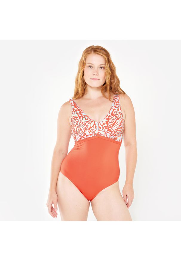 Decathlon - Strój jednoczęściowy do aquafitness damski Nabaiji 100 Rosy. Kolor: czerwony, wielokolorowy, pomarańczowy. Materiał: materiał