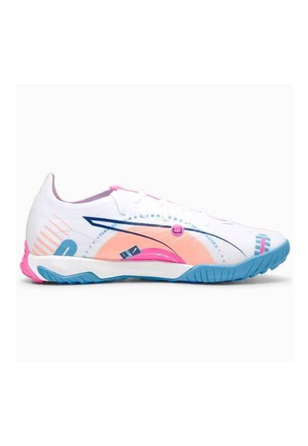 Buty piłkarskie męskie Puma Ultra 5 Match Vol.up T. Kolor: biały, wielokolorowy. Materiał: materiał, syntetyk. Szerokość cholewki: normalna. Sport: piłka nożna