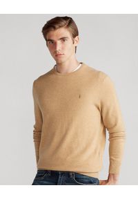 Ralph Lauren - RALPH LAUREN - Beżowy sweter z kultowym logo. Typ kołnierza: polo. Kolor: beżowy. Materiał: wełna. Długość rękawa: długi rękaw. Długość: długie. Wzór: haft. Styl: klasyczny