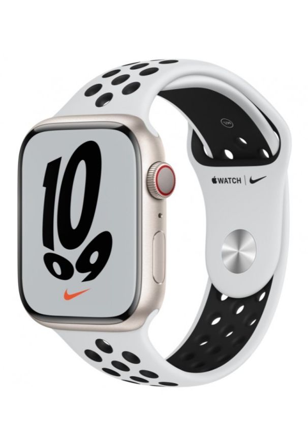 APPLE - Smartwatch Apple Watch Nike 7 GPS+Cellular 45mm aluminium, księżycowa poświata|platyna/czarny pasek sport. Rodzaj zegarka: smartwatch. Kolor: czarny. Styl: sportowy