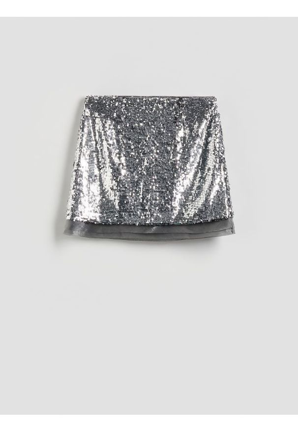 Reserved - Błyszcząca spódnica - srebrny. Kolor: srebrny. Materiał: tkanina. Styl: klasyczny