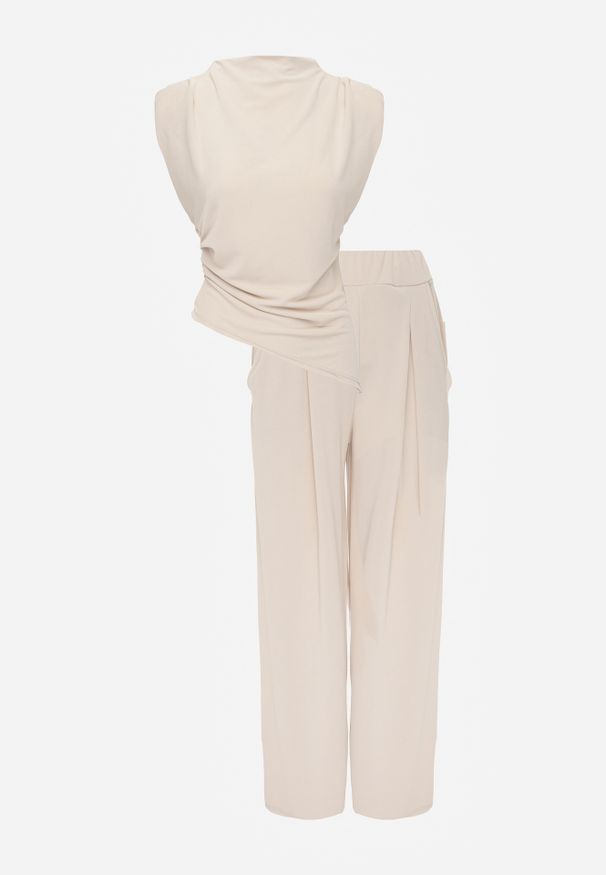 Renee - Jasnobeżowy Komplet Bluzka z Poduszkami w Ramionach i Proste Spodnie z Gumką w Pasie Divanes. Kolor: beżowy