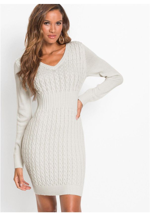 bonprix - Sukienka dzianinowa we wzór w warkocze. Okazja: na co dzień. Kolor: biały. Materiał: dzianina. Typ sukienki: proste. Styl: casual, elegancki