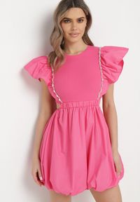 Born2be - Fuksjowa Sukienka Altheia. Kolor: różowy. Materiał: bawełna, tkanina, tiul. Wzór: jednolity, aplikacja. Typ sukienki: bombki. Styl: klasyczny. Długość: mini