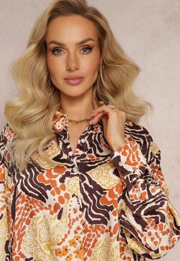Renee - Brązowo-Żółta Koszula z Abstrakcyjnym Wzorem w Etno Stylu Agresse. Kolor: brązowy. Styl: etno