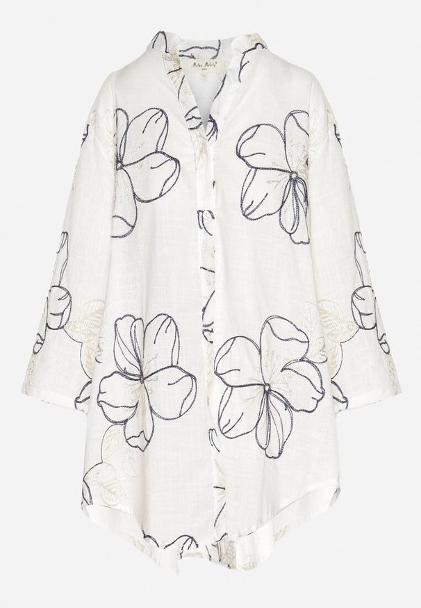 Born2be - Biało-Granatowa Koszula o Kroju Oversize z Podpinanymi Rękawami Zdobiona Haftem Folirella. Okazja: na co dzień. Typ kołnierza: dekolt w serek. Kolor: biały. Materiał: jeans. Wzór: aplikacja, haft. Styl: casual, klasyczny