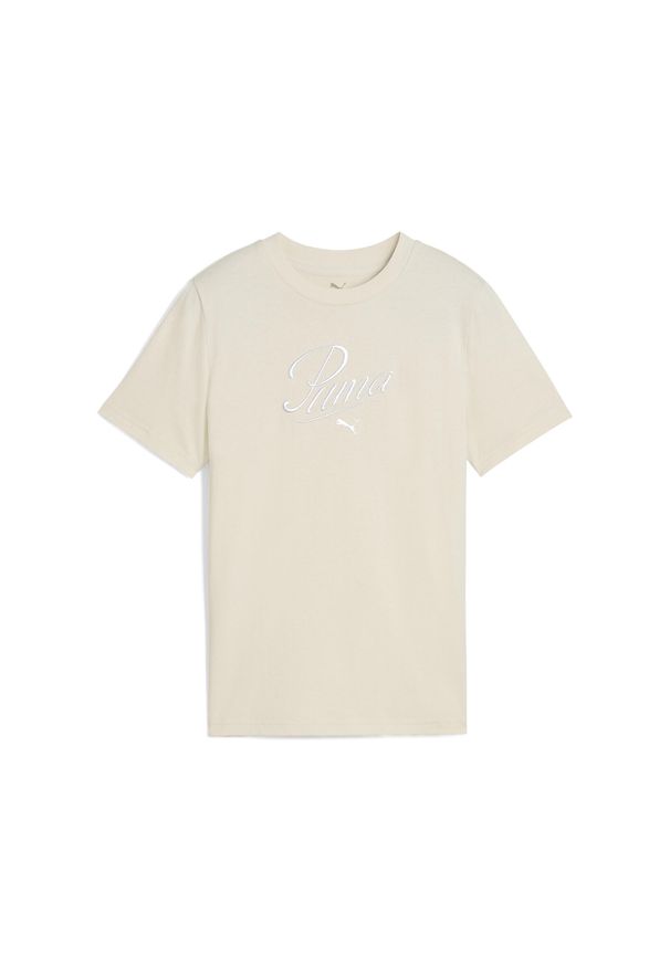 Puma - Młodzieżowa koszulka Essentials Script PUMA Alpine Snow White. Kolor: biały, wielokolorowy, beżowy. Wzór: haft. Sport: joga i pilates