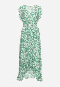 Born2be - Zielona Asymetryczna Sukienka z Gumką w Pasie z Falbankami z Wiskozy Venimra. Typ kołnierza: kołnierz z falbankami. Kolor: zielony. Materiał: wiskoza. Typ sukienki: asymetryczne #2