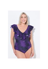 ULLA POPKEN - Damski Kostium kąpielowy wzór skóra węża miękkie miseczki falbana z recyklingu. Kolekcja: plus size. Kolor: fioletowy. Materiał: elastan, poliamid, materiał
