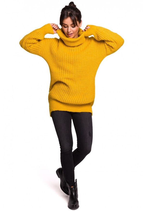 BE Knit - Długi ciepły sweter tunika z wysokim golfem. Typ kołnierza: golf. Materiał: poliakryl, wełna. Długość rękawa: długi rękaw. Długość: długie