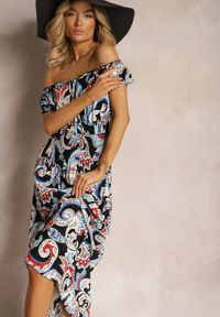 Renee - Czarno-Niebieska Sukienka na Lato z Bawełny w Stylu Boho Hiszpanki Lenadia. Typ kołnierza: dekolt hiszpanka. Kolor: czarny. Materiał: bawełna. Sezon: lato. Styl: boho #1