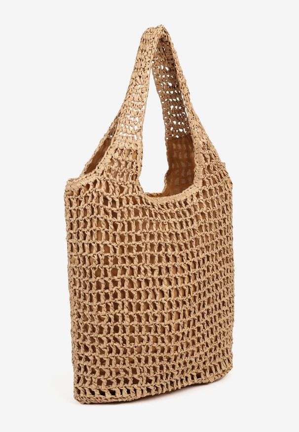 Born2be - Ciemnobeżowa Torebka Shopper z Plecionką i Napisami Navessa. Kolor: beżowy. Wzór: napisy. Sezon: lato, wiosna. Styl: klasyczny, casual