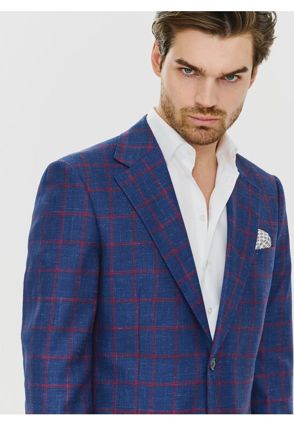Pako Lorente - PAKO LORENTE – Granatowa marynarka w czerwoną kratę. Kolor: czerwony, niebieski, wielokolorowy. Materiał: len, wełna, jedwab