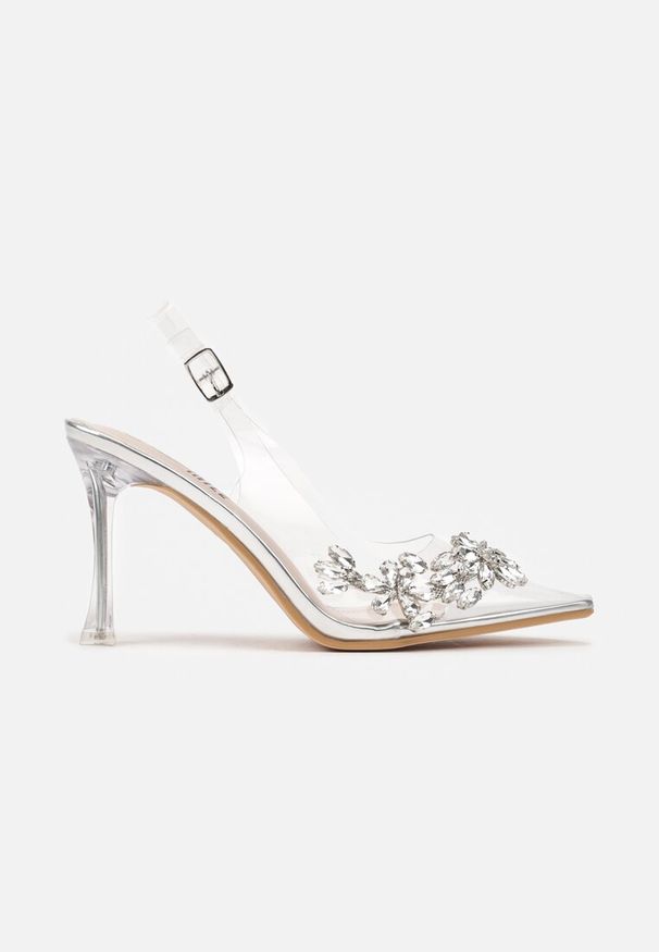 Renee - Srebrne Transparentne Sandały Szpilki Slingback Ozdobione Cyrkoniami Avelsemi. Okazja: na co dzień, na imprezę. Zapięcie: sprzączka. Kolor: srebrny. Materiał: jeans. Wzór: aplikacja. Obcas: na szpilce. Styl: elegancki, casual