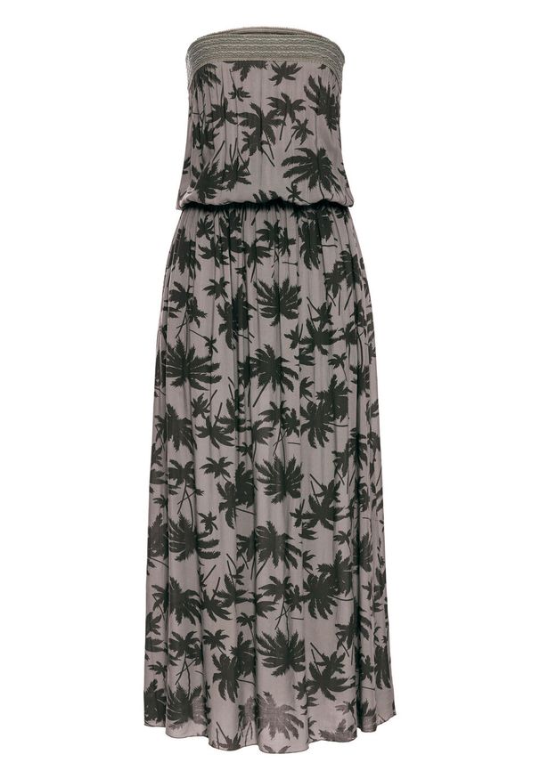 Długa sukienka z dekoltem "bandeau" i nadrukiem bonprix khaki - ciemnozielony wzorzysty. Kolor: zielony. Wzór: nadruk. Długość: maxi